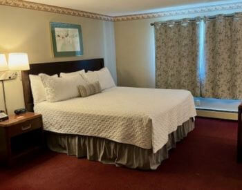 Tan room with king bed with headboard covered with cream quilt and brown bed skirt, maroon carpet, nightstand with lamp