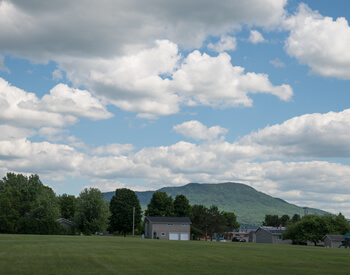 Outdoor view of two houses, one is light green, the other is white with green roof. Shows large yard.