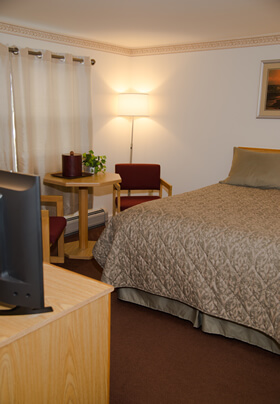 A room with a corner lamp, light tan curtains, and Queen size bed.